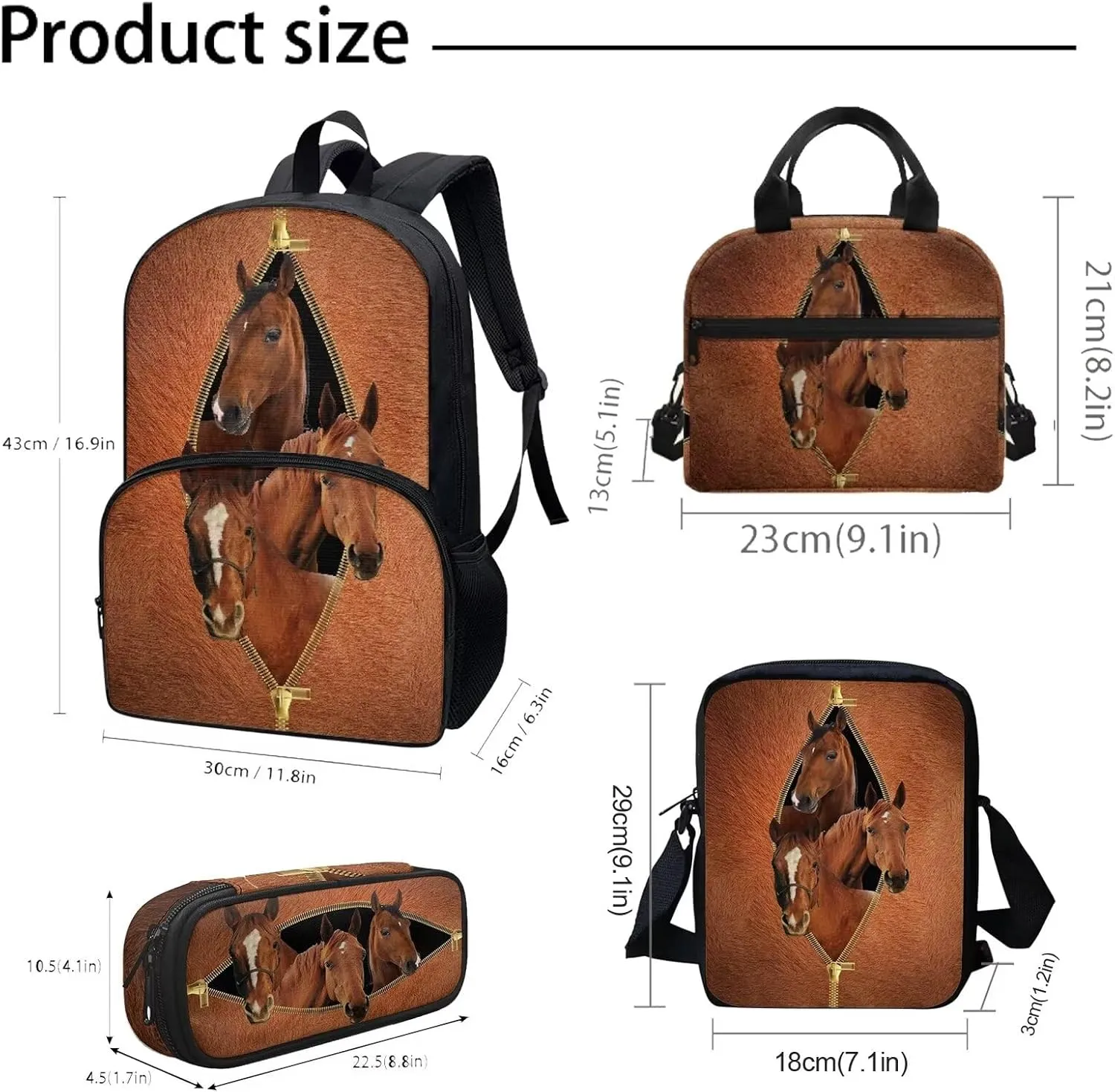 Funny Horse with Zipper Student School Bag Set with 17inch Backpack/Lunch Box/Pencil Bag/Messager Bag for Kids