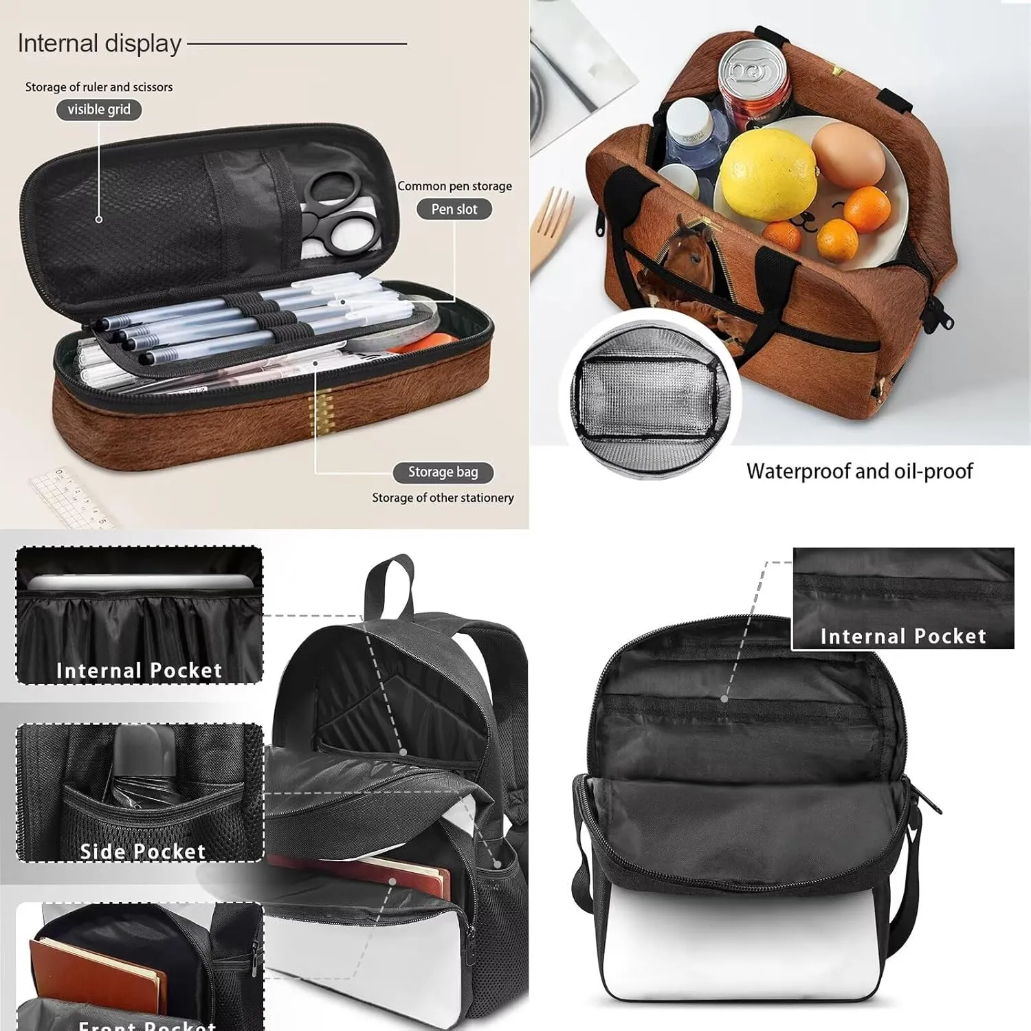 Funny Horse with Zipper Student School Bag Set with 17inch Backpack/Lunch Box/Pencil Bag/Messager Bag for Kids