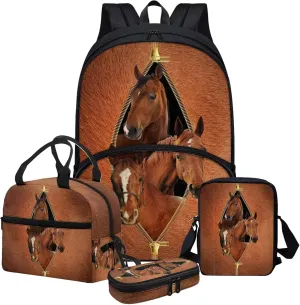 Funny Horse with Zipper Student School Bag Set with 17inch Backpack/Lunch Box/Pencil Bag/Messager Bag for Kids