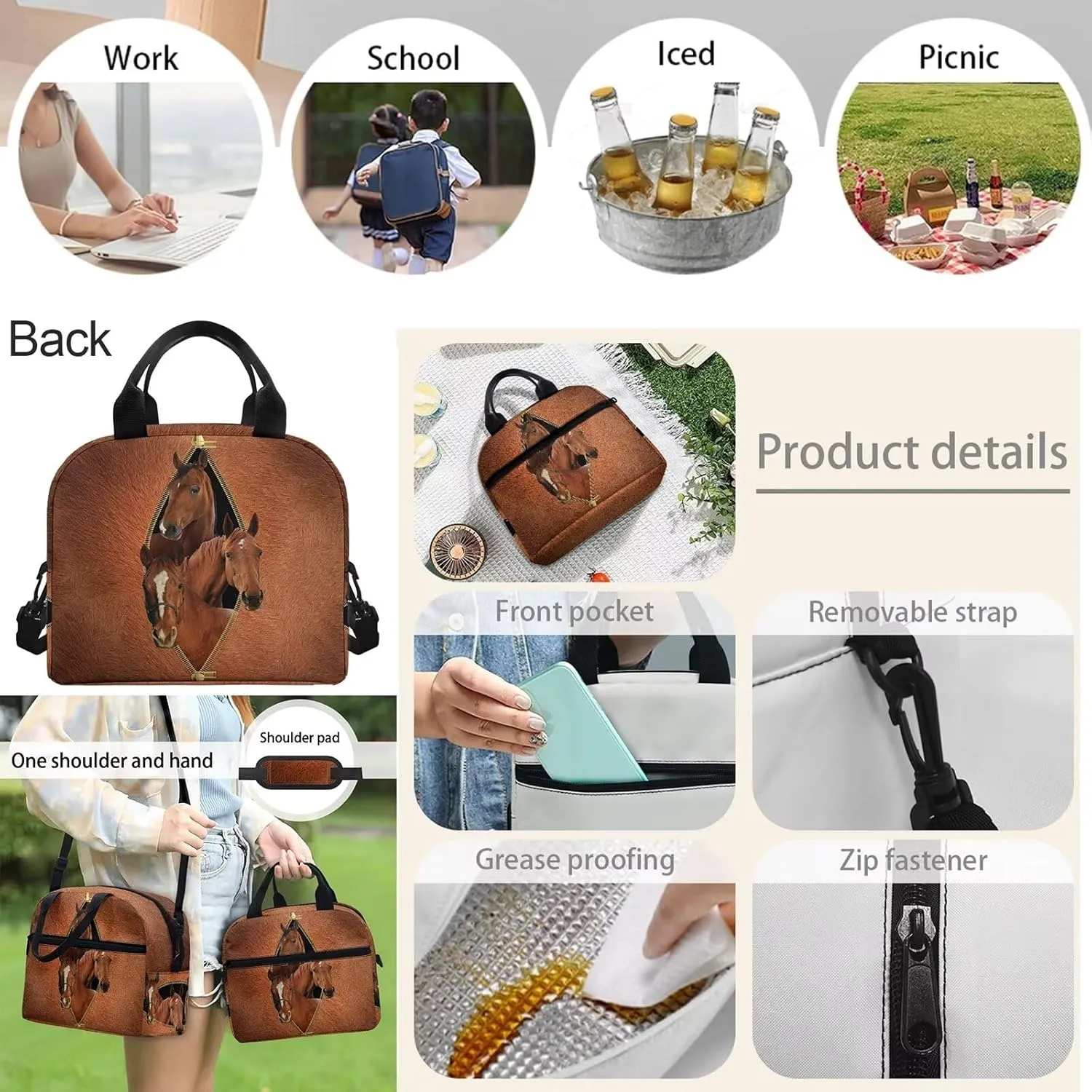 Funny Horse with Zipper Student School Bag Set with 17inch Backpack/Lunch Box/Pencil Bag/Messager Bag for Kids