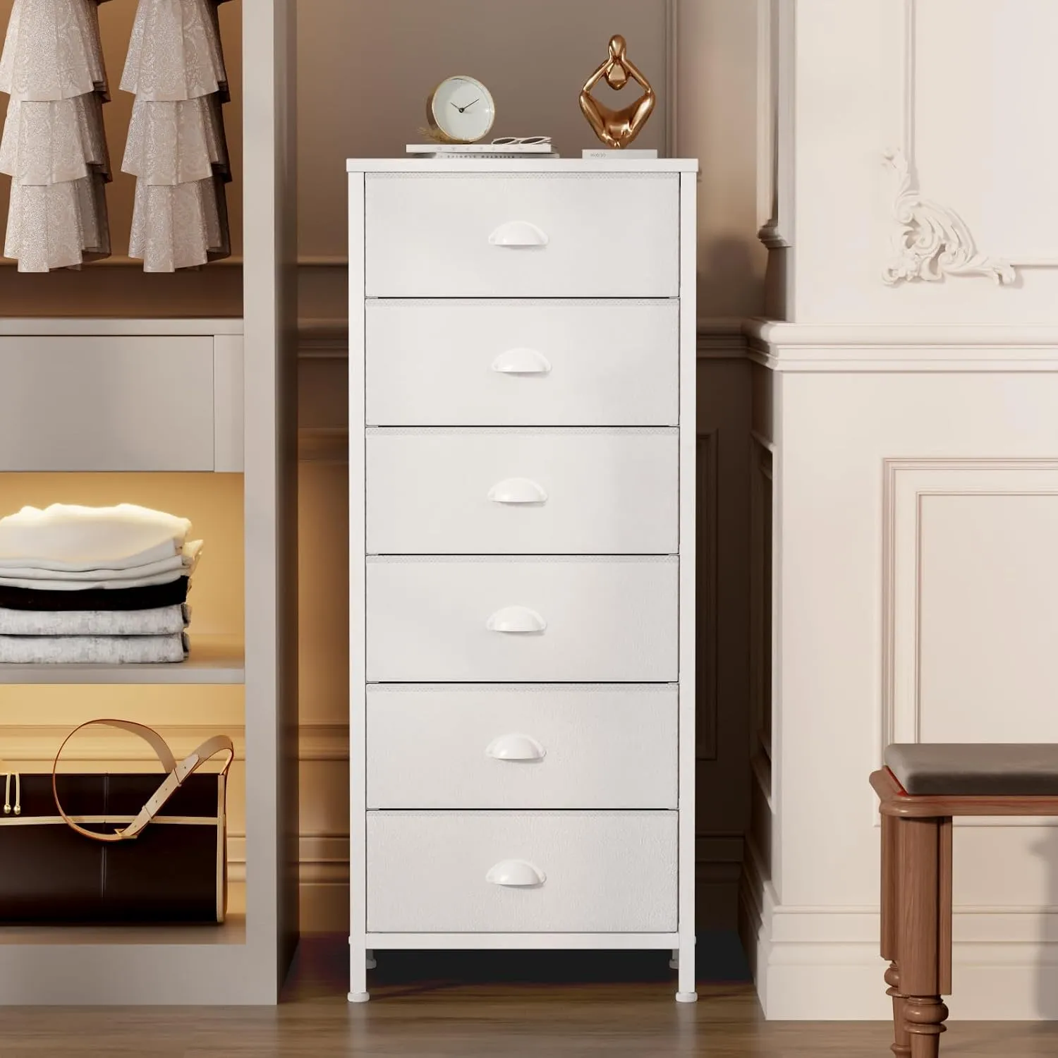 Furnulem White Tall Dresser for Bedroom,Vertical Storage Tower Unit and End Table with 6 Drawers, Nightstand Furniture with Fabric Drawer Organizer in Living Room,Closet,Entryway,Hallyway