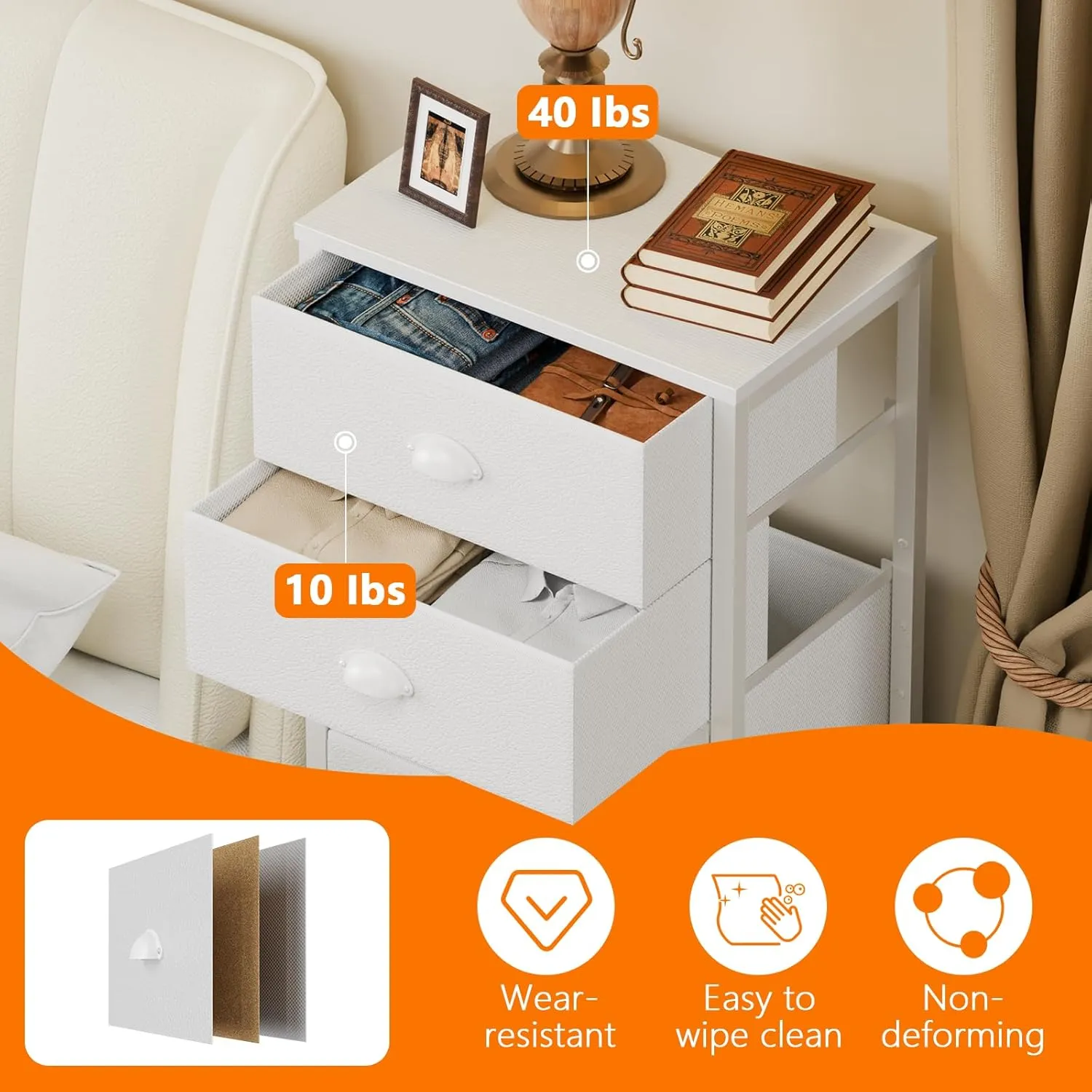 Furnulem White Tall Dresser for Bedroom,Vertical Storage Tower Unit and End Table with 6 Drawers, Nightstand Furniture with Fabric Drawer Organizer in Living Room,Closet,Entryway,Hallyway