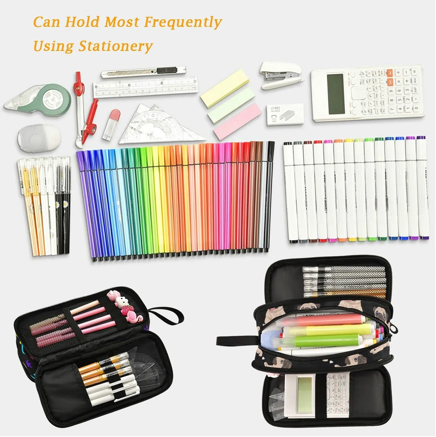 Fustylead Canvas Pencil Bag Large Storage Pouch Marker Pen Case Simple Stationery Bag School College Office Organizer for Teens Girls Adults Student-Funny Pugs