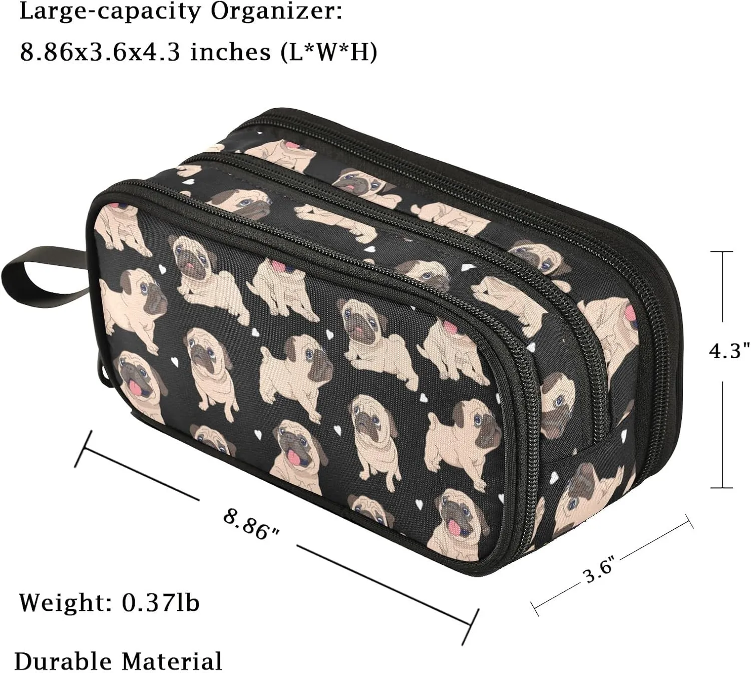 Fustylead Canvas Pencil Bag Large Storage Pouch Marker Pen Case Simple Stationery Bag School College Office Organizer for Teens Girls Adults Student-Funny Pugs