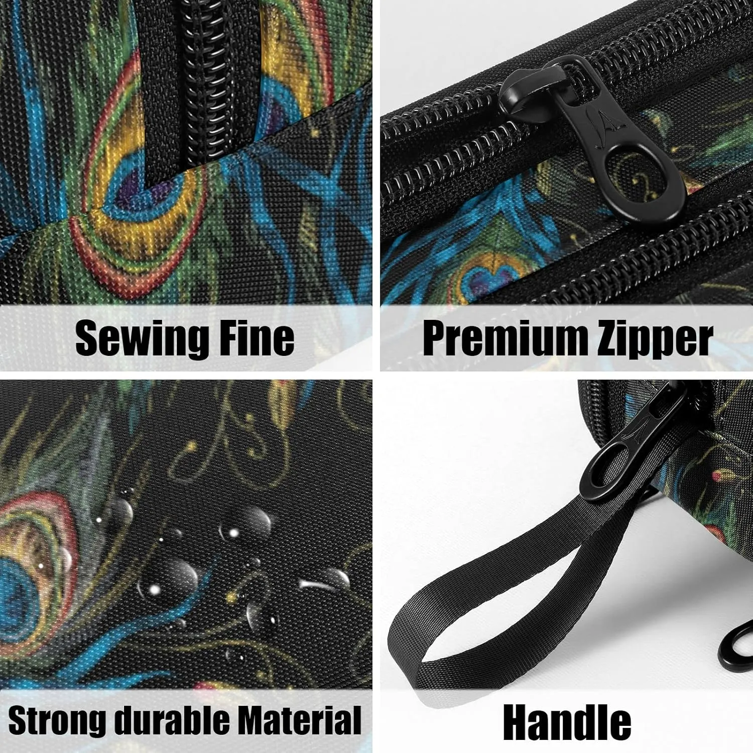 Fustylead Peacock Feather Nylon Pencil Bag Large Storage Pouch Pen Case Makeup Bag Simple Stationery Bag School College Office Organizer for Teens Boys Girls Student