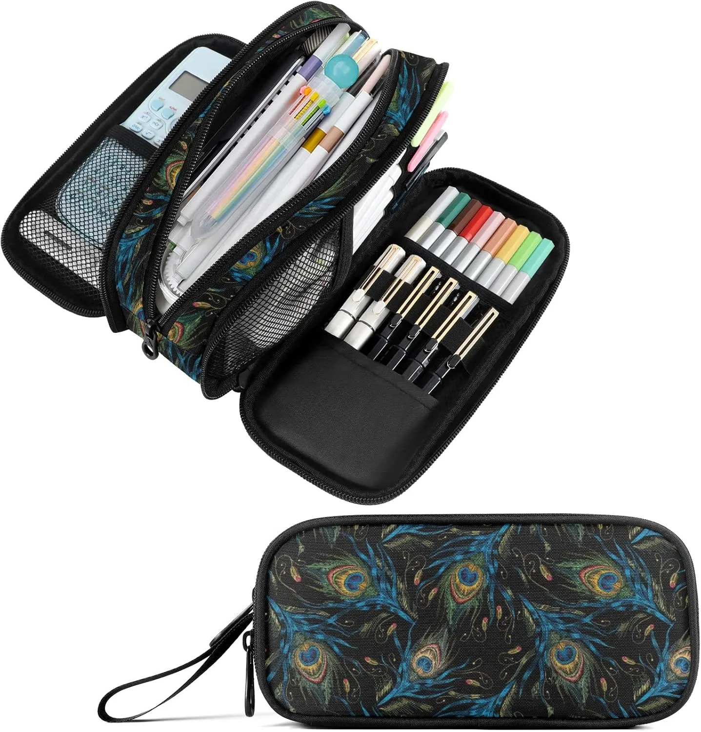 Fustylead Peacock Feather Nylon Pencil Bag Large Storage Pouch Pen Case Makeup Bag Simple Stationery Bag School College Office Organizer for Teens Boys Girls Student