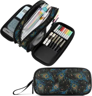Fustylead Peacock Feather Nylon Pencil Bag Large Storage Pouch Pen Case Makeup Bag Simple Stationery Bag School College Office Organizer for Teens Boys Girls Student