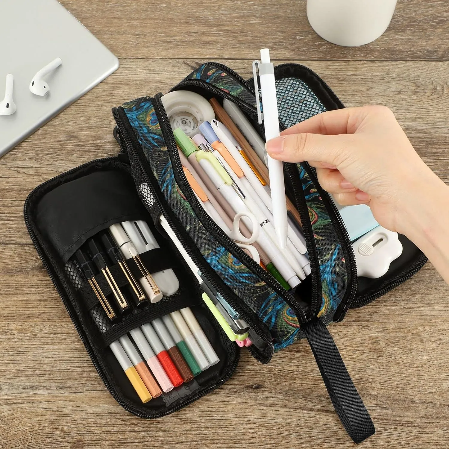 Fustylead Peacock Feather Nylon Pencil Bag Large Storage Pouch Pen Case Makeup Bag Simple Stationery Bag School College Office Organizer for Teens Boys Girls Student
