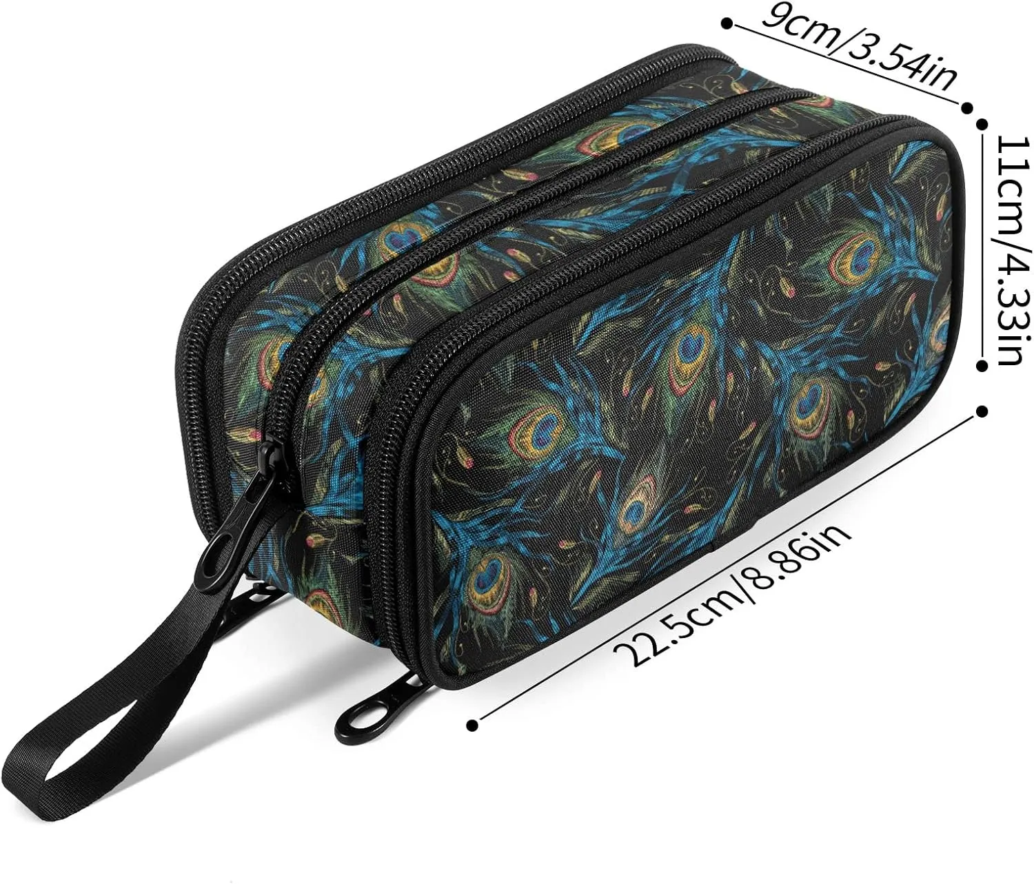 Fustylead Peacock Feather Nylon Pencil Bag Large Storage Pouch Pen Case Makeup Bag Simple Stationery Bag School College Office Organizer for Teens Boys Girls Student