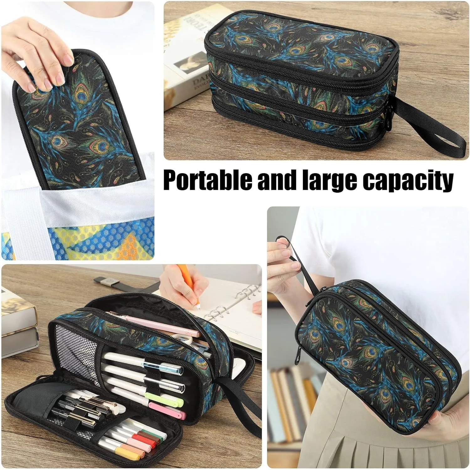 Fustylead Peacock Feather Nylon Pencil Bag Large Storage Pouch Pen Case Makeup Bag Simple Stationery Bag School College Office Organizer for Teens Boys Girls Student
