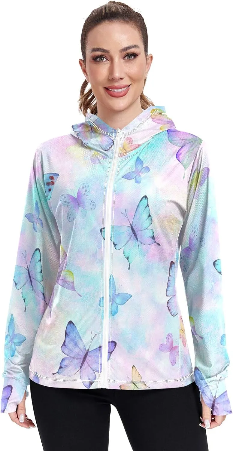 GAIGEO Blue Flowers Green Leaves Women Jacket Active UPF 50  Uv Protection Clothing Women, Secure Pockets, S