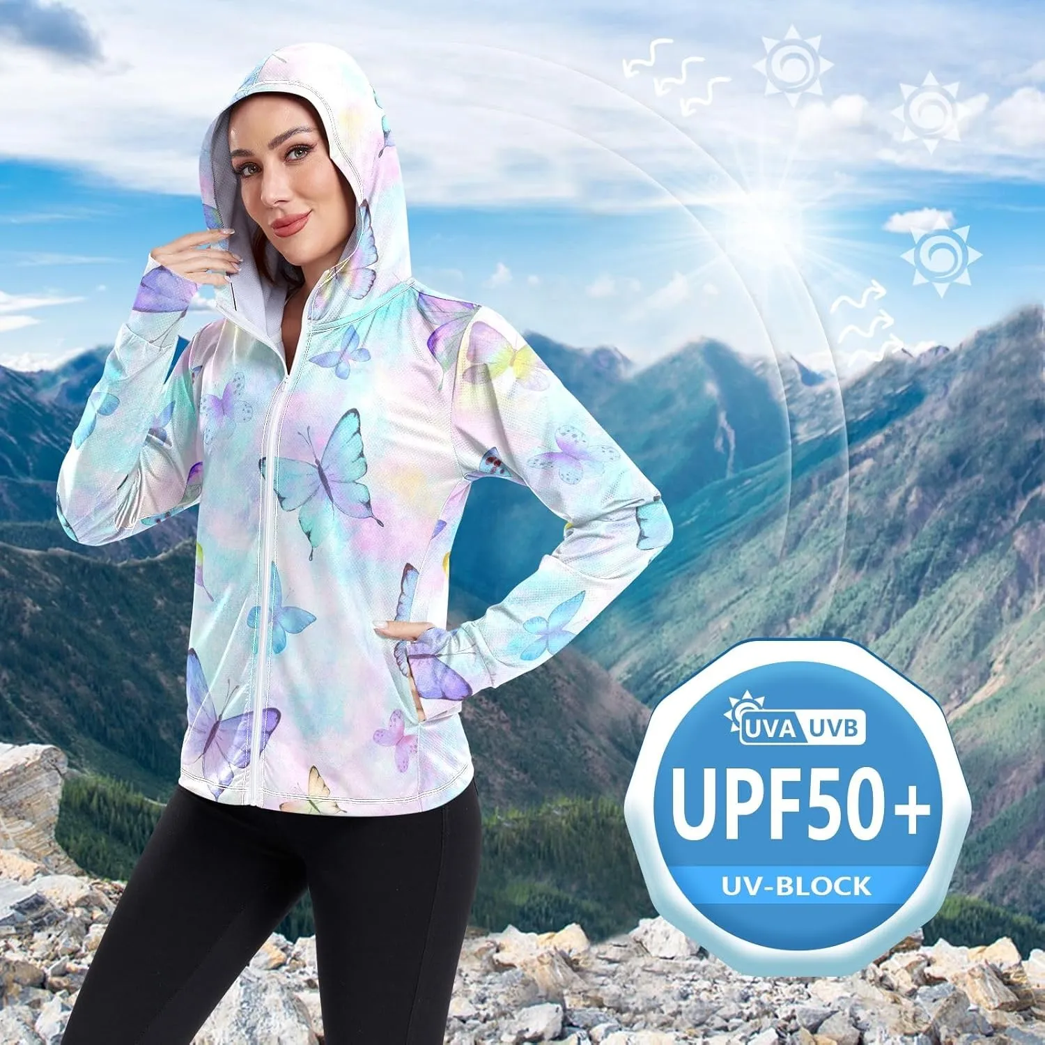 GAIGEO Blue Flowers Green Leaves Women Jacket Active UPF 50  Uv Protection Clothing Women, Secure Pockets, S
