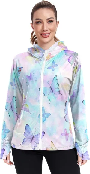 GAIGEO Blue Flowers Green Leaves Women Jacket Active UPF 50  Uv Protection Clothing Women, Secure Pockets, S