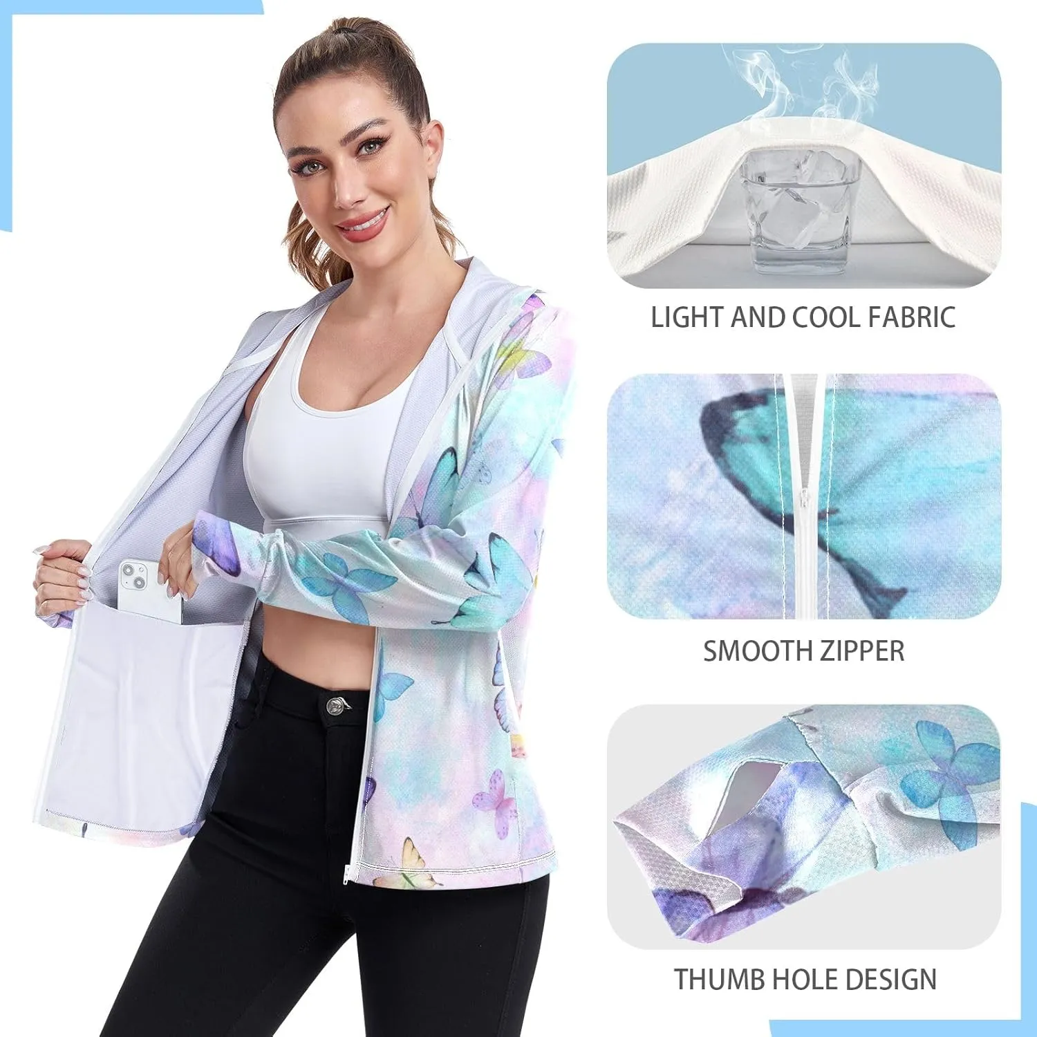 GAIGEO Blue Flowers Green Leaves Women Jacket Active UPF 50  Uv Protection Clothing Women, Secure Pockets, S