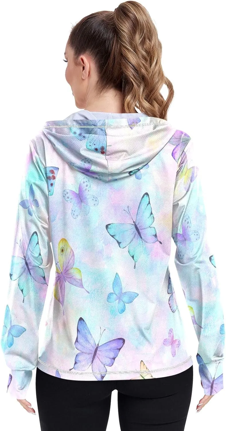 GAIGEO Blue Flowers Green Leaves Women Jacket Active UPF 50  Uv Protection Clothing Women, Secure Pockets, S
