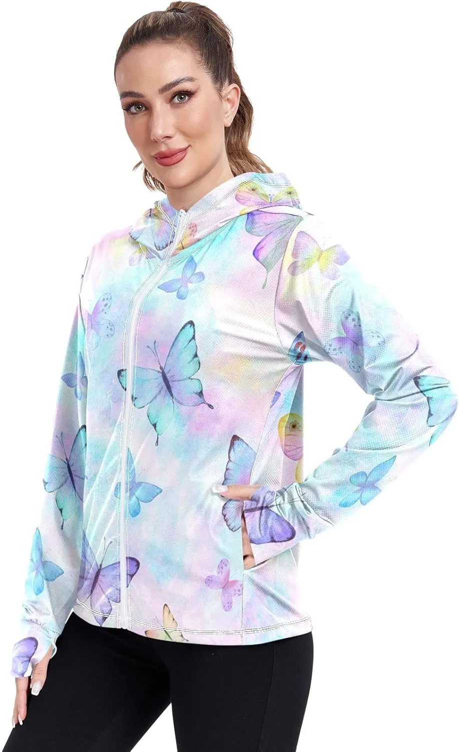 GAIGEO Blue Flowers Green Leaves Women Jacket Active UPF 50  Uv Protection Clothing Women, Secure Pockets, S
