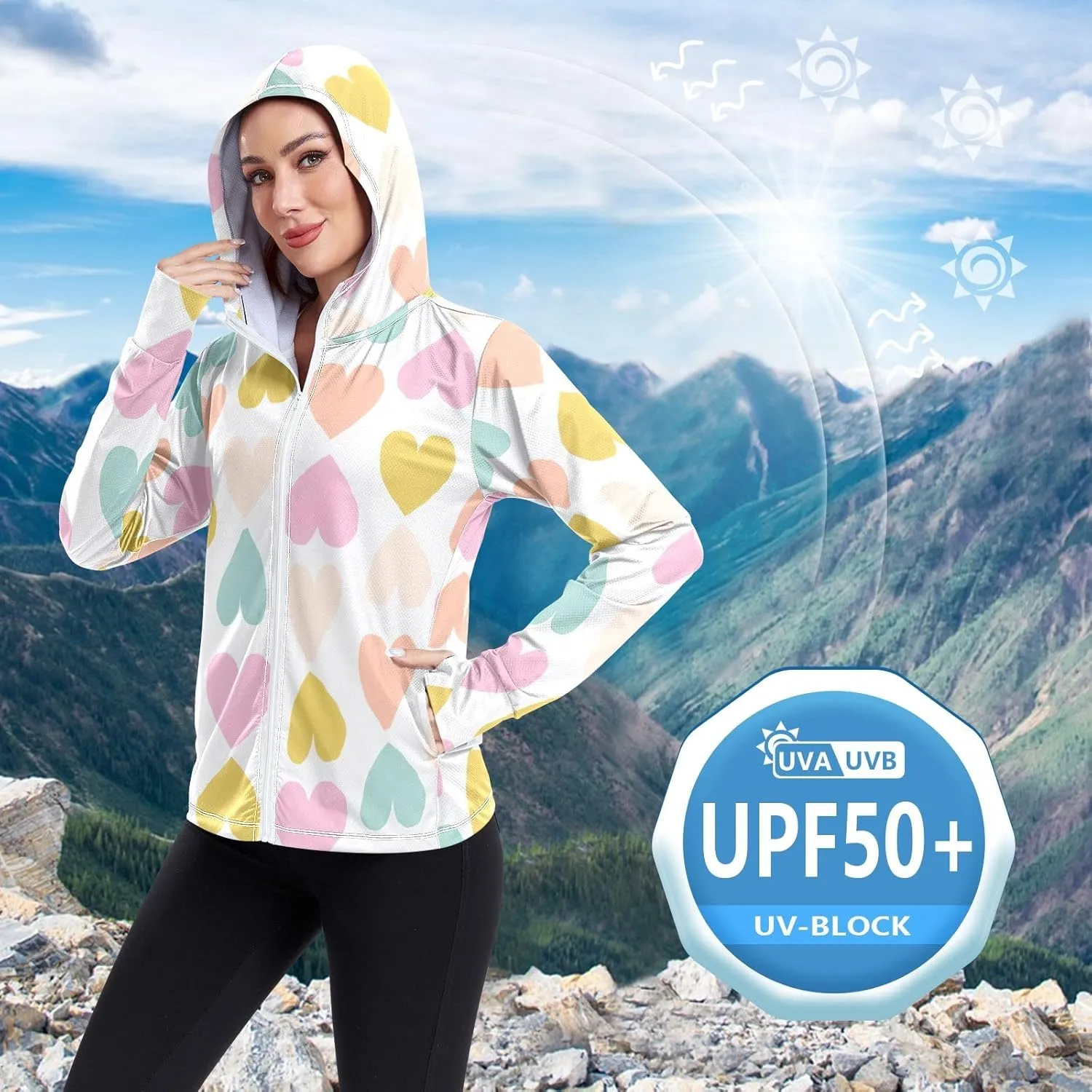 GAIGEO Blue Grey Tropical Foliage White Women Jacket Active UPF 50  Uv Clothing for Women Sun Protection, Secure Pockets, S