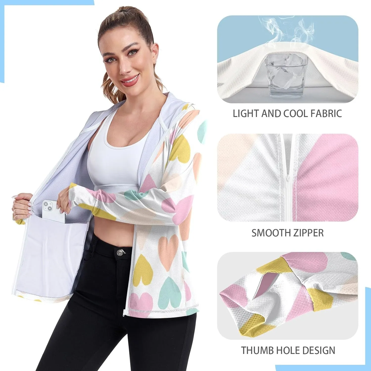 GAIGEO Blue Grey Tropical Foliage White Women Jacket Active UPF 50  Uv Clothing for Women Sun Protection, Secure Pockets, S