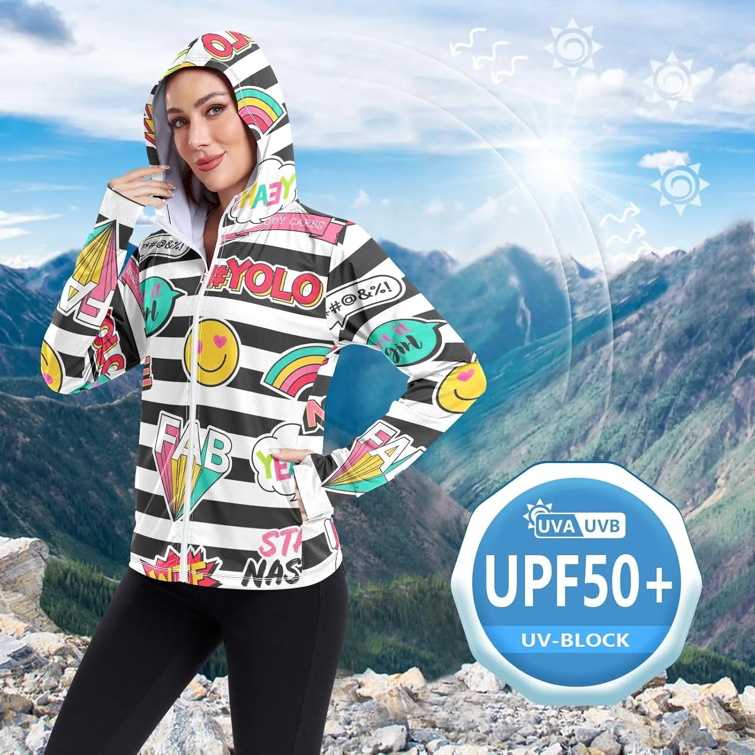 GAIGEO Blue Grey Tropical Foliage White Women Jacket Active UPF 50  Uv Clothing for Women Sun Protection, Secure Pockets, S