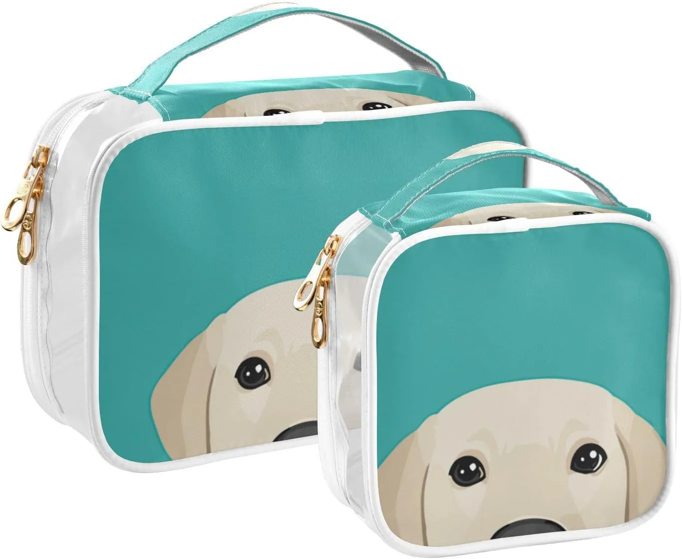 GAIGEO Probe White Dog Clear Makeup Bag Set, Carry on Toiletry Bag Tsa Approved, Womens Makeup Bag, 2 Pack