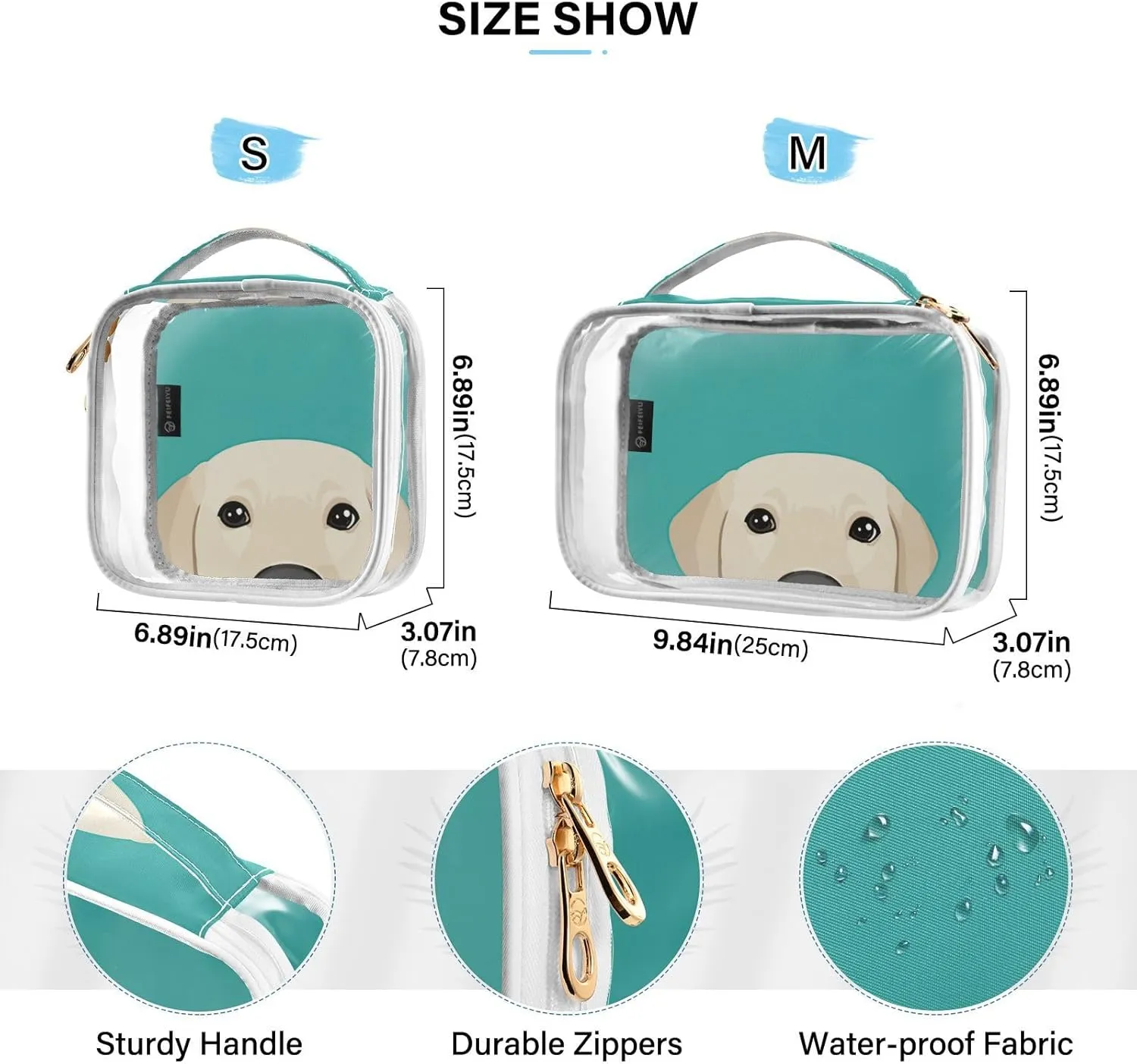 GAIGEO Probe White Dog Clear Makeup Bag Set, Carry on Toiletry Bag Tsa Approved, Womens Makeup Bag, 2 Pack