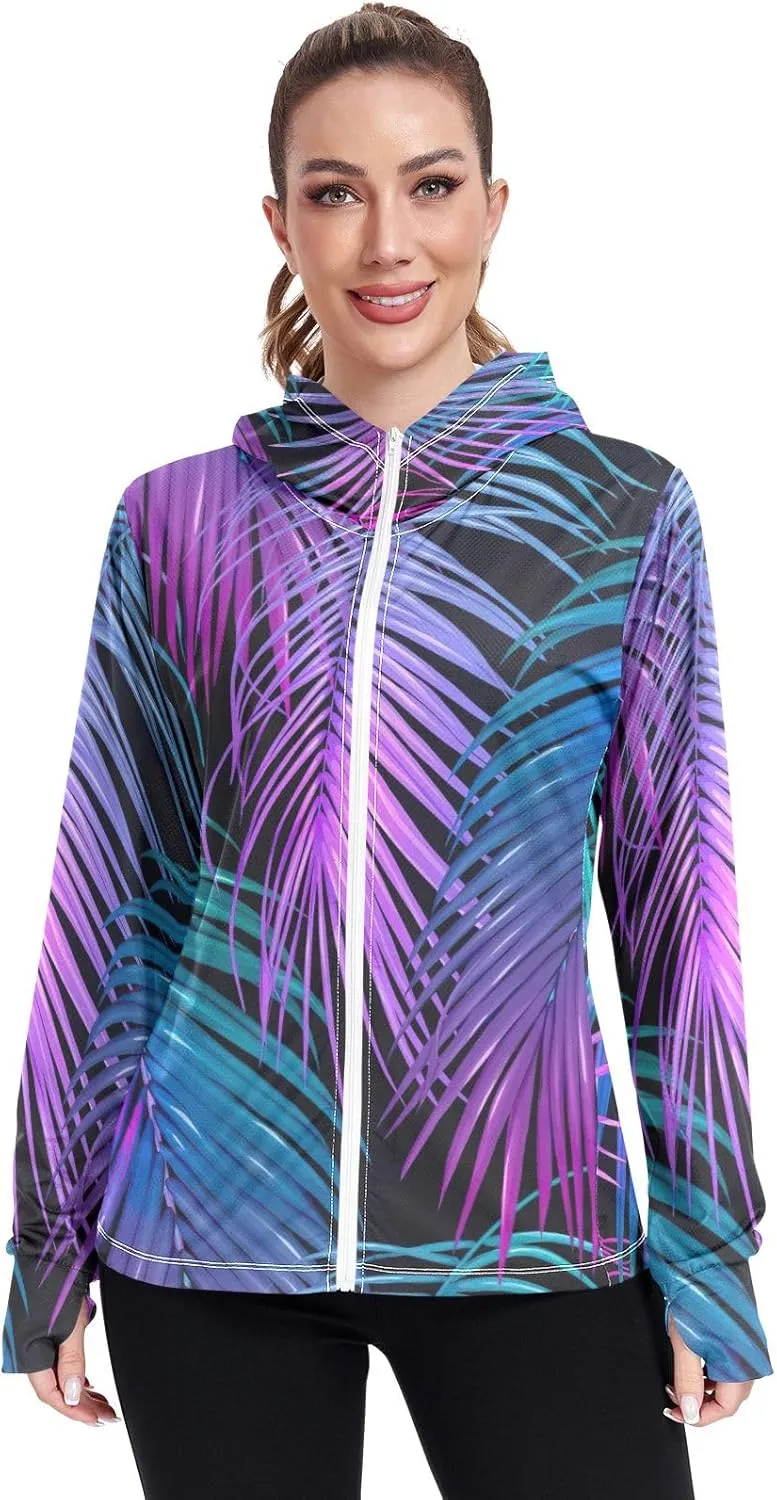 GAIGEO Tropic Leaves Neon Colors Women Jacket Active UPF 50  Uv Protection Clothing Women, Secure Pockets, S