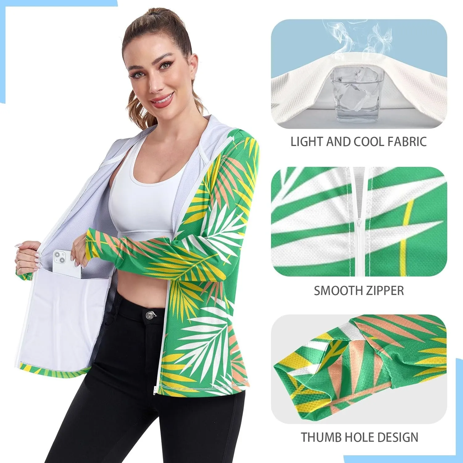 GAIGEO Vintage Tropical Leaves Women Jacket UPF 50  Sun Protection Clothing Women, Cooling and Lightweight, S