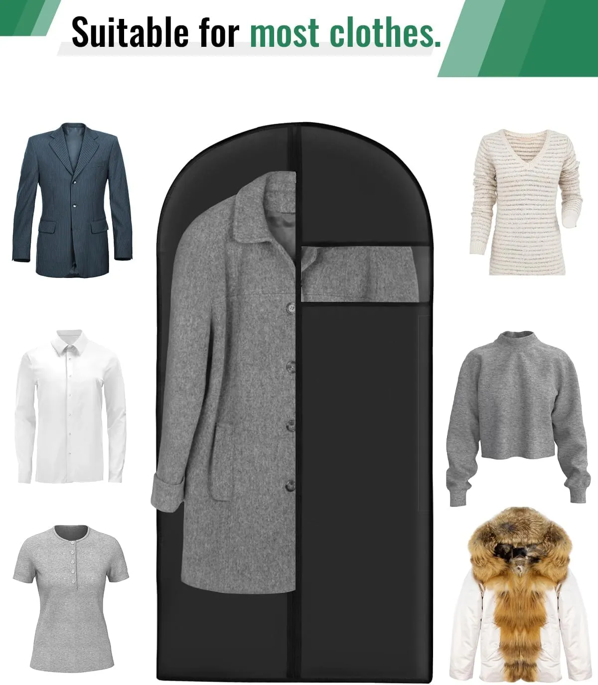 Garment Bags for Hanging Clothes (8 packs，43 inches) Washable Black Suit Bags for Closet Storage and Travel with Clear Window