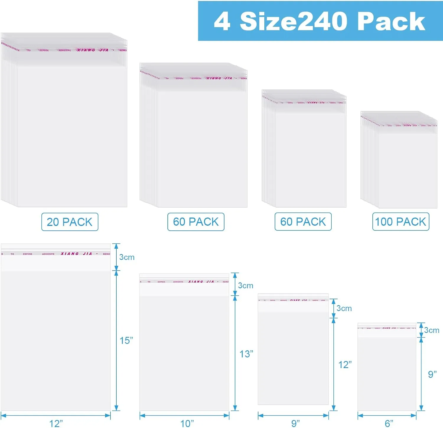 Geyoga 240 Pieces 4 Size Clear Plastic Cello Bag Self Sealing Resealable Cellophane Bags for Self Adhesive for Packaging Candy, Cookies, Shirts, Clothing(6 x 9, 9 x 12, 10 x 13, 12 x 15 Inch)