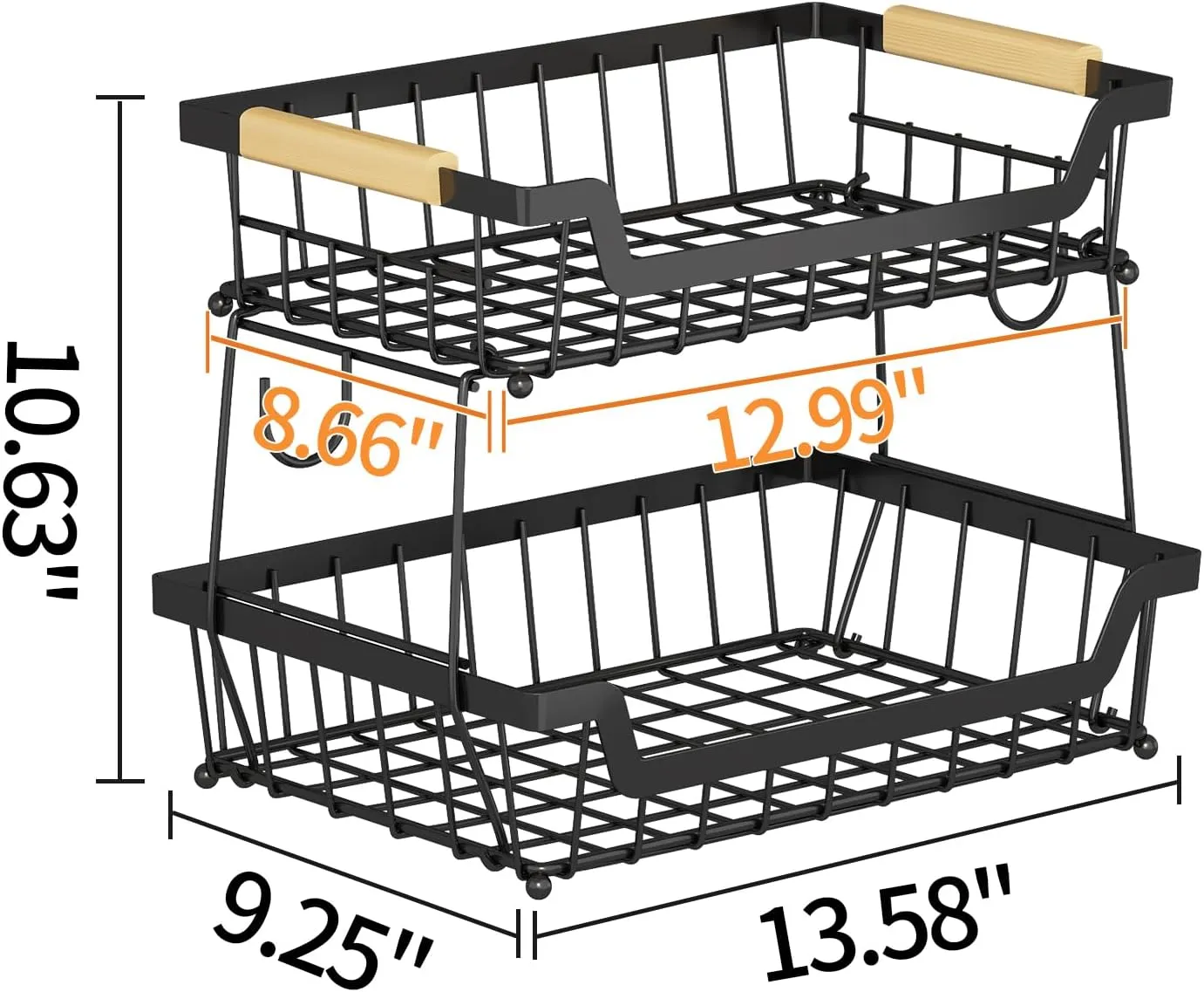 GILLAS 2 Tier Countertop Fruit Basket with 2 Banana Hangers for Kitchen, Detachable Metal Organizer for Bread Vegetable Fruits with Wooden Handle, Large Capacity Rectangular Storage Stand Bowls, Black