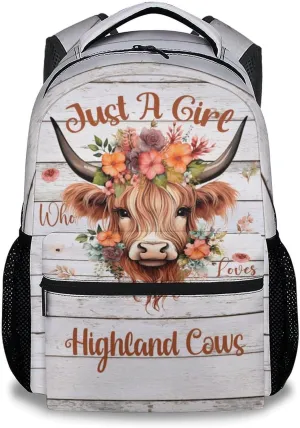 Girls Backpack - 17 Inch Large Capacity Highland Cow Bookbag - Lightweight Kids' Backpacks for Elementary, Preschool & Travel
