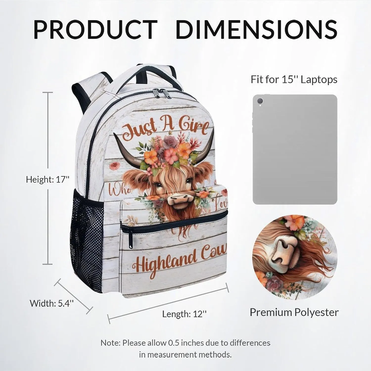 Girls Backpack - 17 Inch Large Capacity Highland Cow Bookbag - Lightweight Kids' Backpacks for Elementary, Preschool & Travel