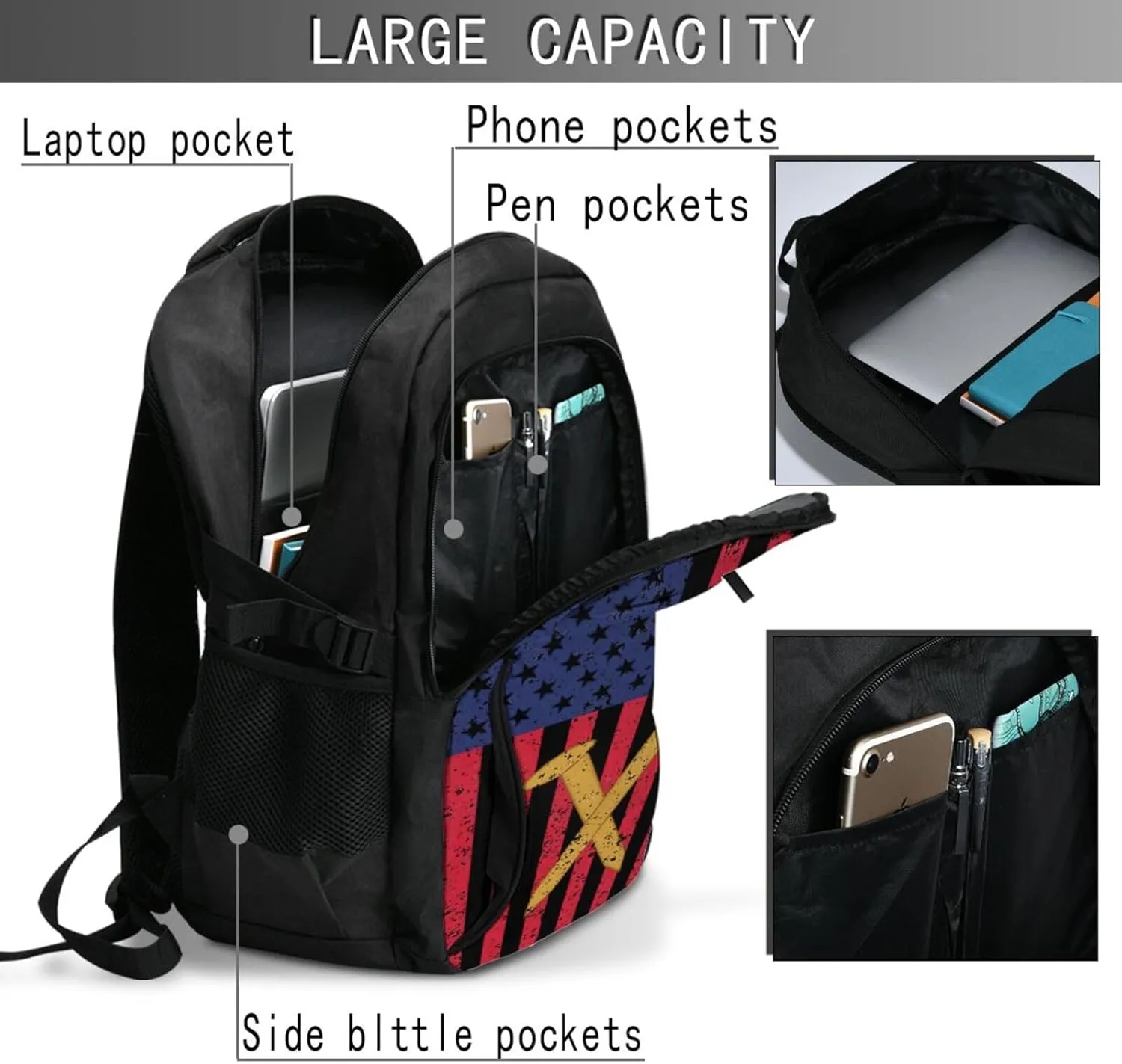 Golden Spike Railroad Spike American Flag Travel Backpack Laptop Backpacks Business Rucksack Outdoor Daypack Large Sport Bag with Luggage Strap USB Charging Port for Hiking Working