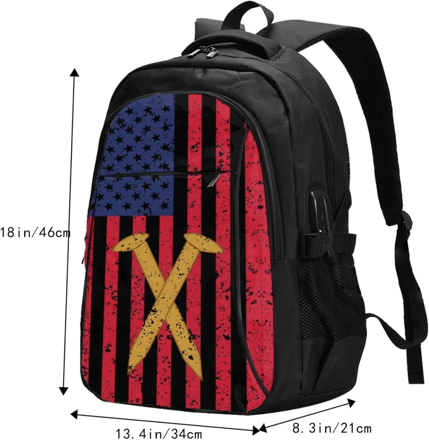 Golden Spike Railroad Spike American Flag Travel Backpack Laptop Backpacks Business Rucksack Outdoor Daypack Large Sport Bag with Luggage Strap USB Charging Port for Hiking Working