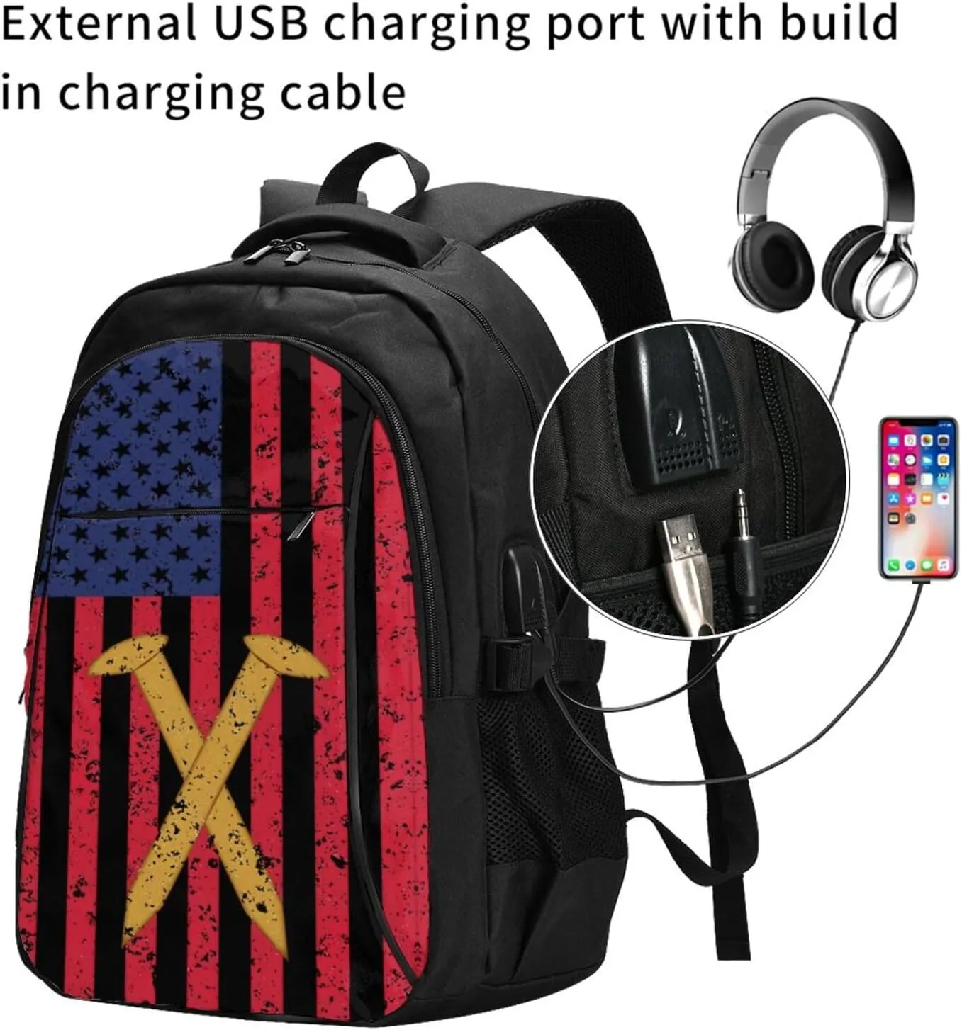 Golden Spike Railroad Spike American Flag Travel Backpack Laptop Backpacks Business Rucksack Outdoor Daypack Large Sport Bag with Luggage Strap USB Charging Port for Hiking Working