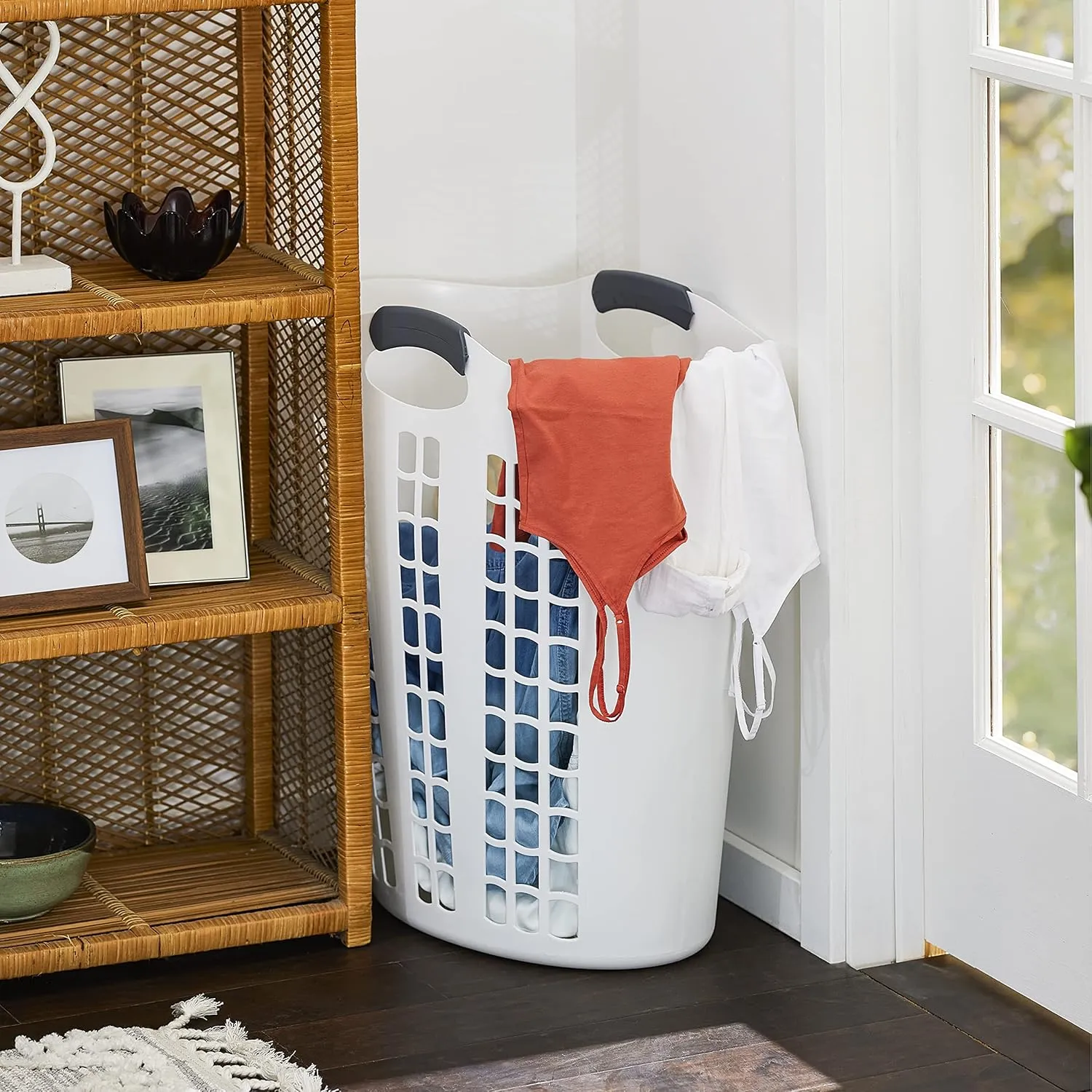 Gracious Living Easy Carry Flex Hamper, Large 87.5 Liter Lightweight Plastic Ventilated Laundry Basket Clothes Bin with Handles, White (2 Pack)