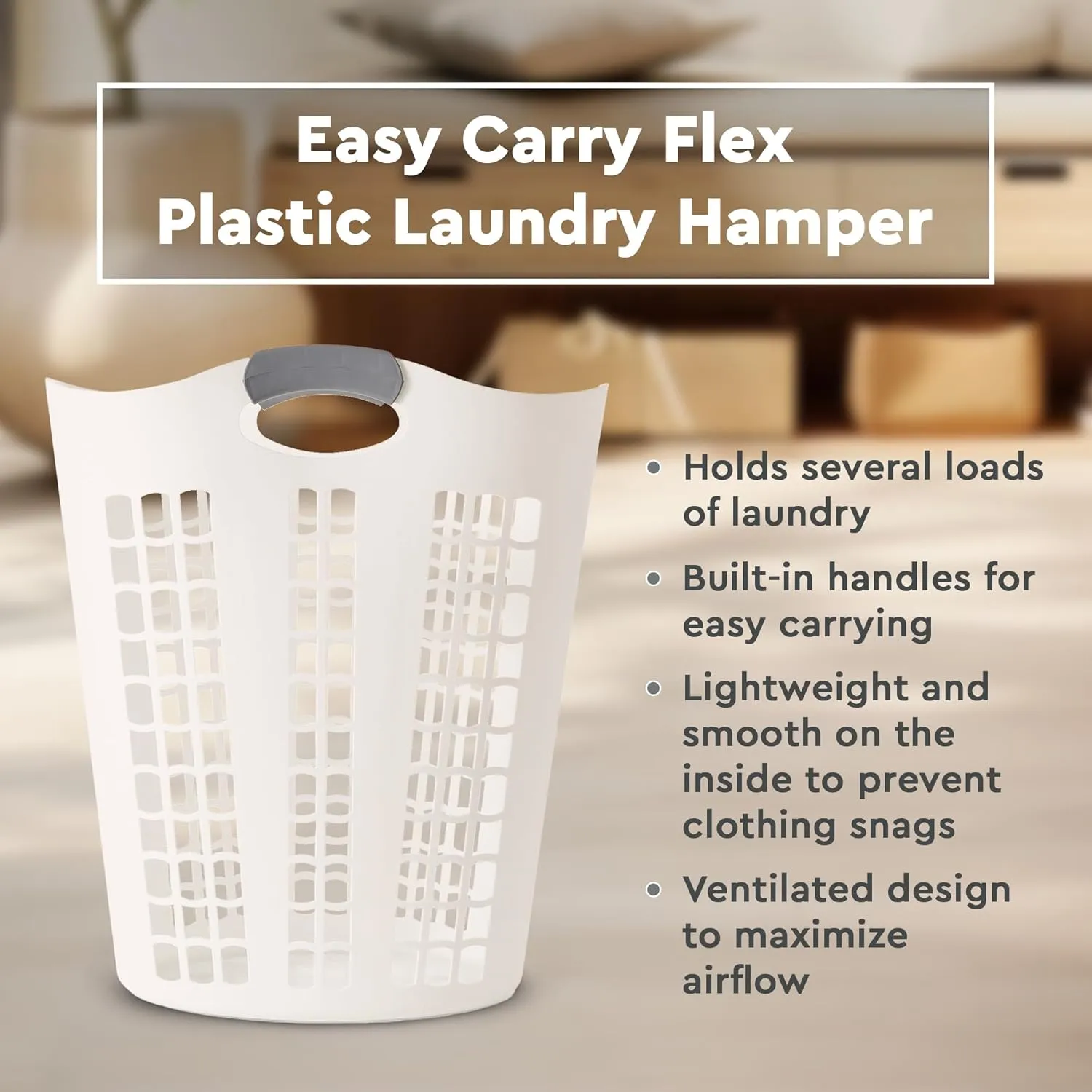 Gracious Living Easy Carry Flex Hamper, Large 87.5 Liter Lightweight Plastic Ventilated Laundry Basket Clothes Bin with Handles, White (2 Pack)