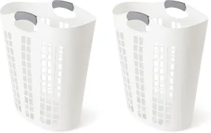 Gracious Living Easy Carry Flex Hamper, Large 87.5 Liter Lightweight Plastic Ventilated Laundry Basket Clothes Bin with Handles, White (2 Pack)