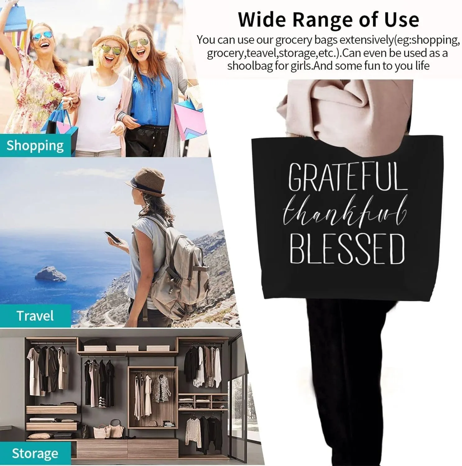 Grateful Thankful Blessed Women'S Lightweight Canvas Handbag Reusable Shopping Bag