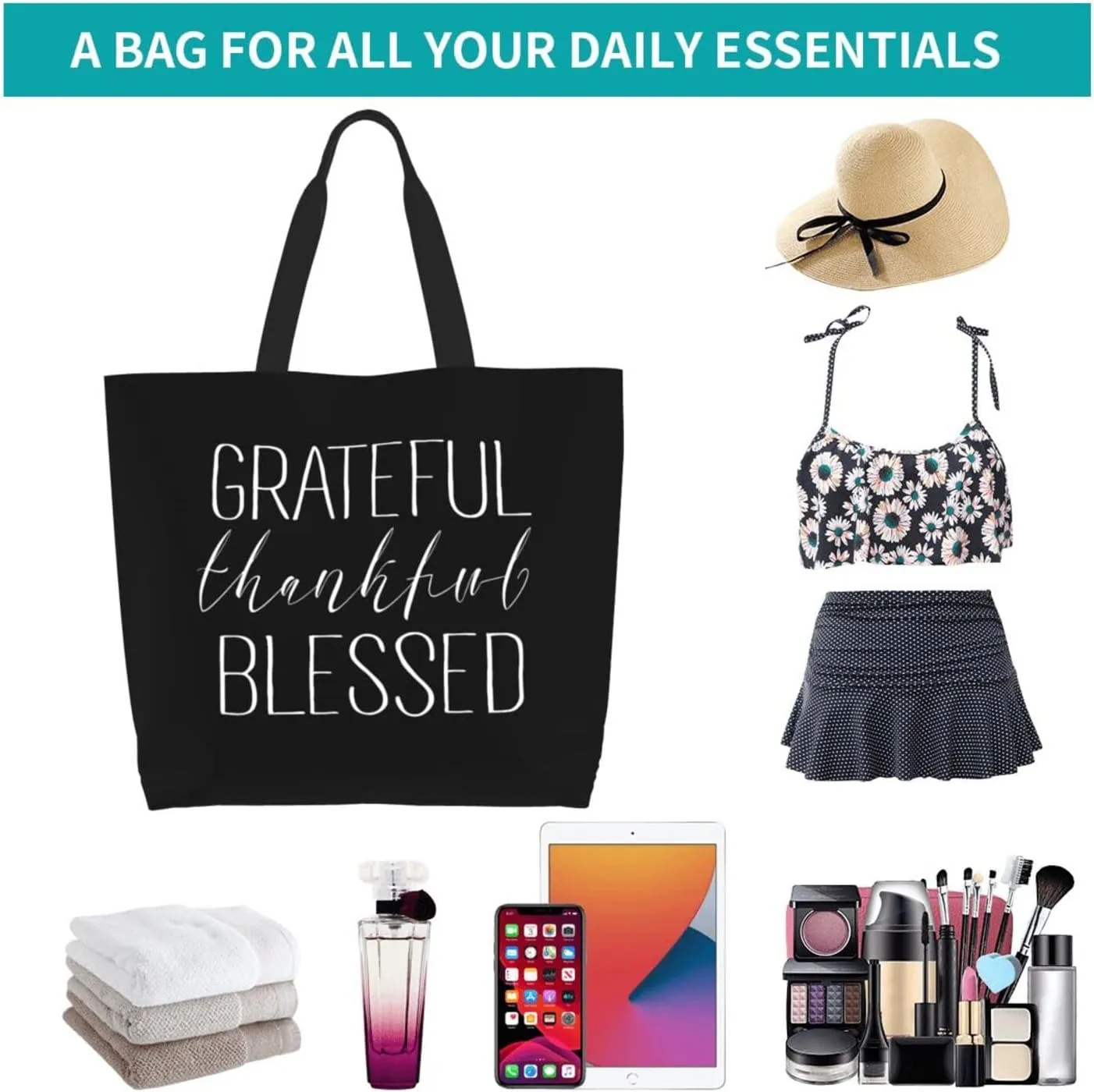 Grateful Thankful Blessed Women'S Lightweight Canvas Handbag Reusable Shopping Bag