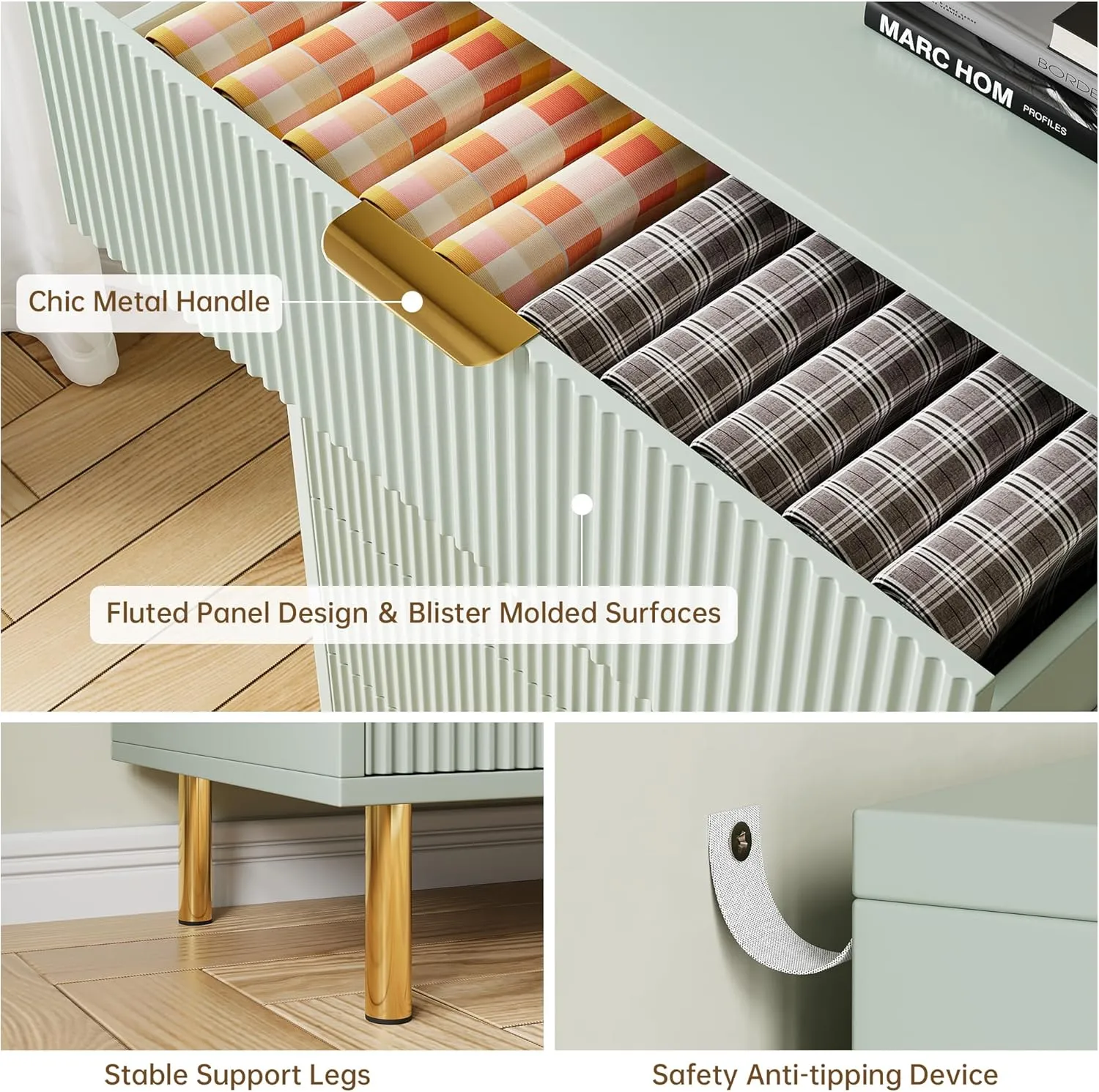 Green Dresser, Modern 6 Drawer Dresser for Bedroom with Gold Handle and Large Drawer, Wood Double Chest of Drawers and Storage Organizer for Living Room, Hallway, Entryway