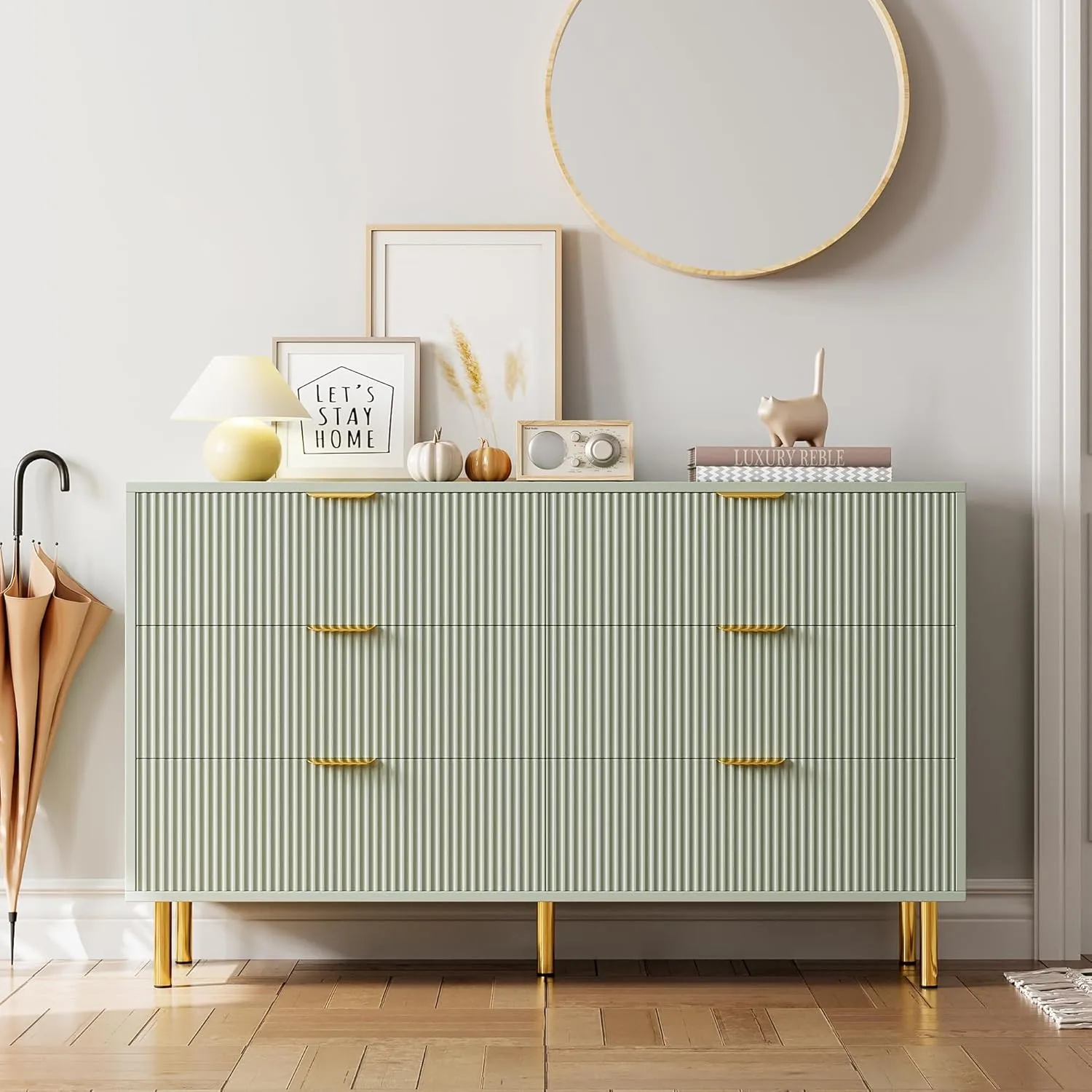 Green Dresser, Modern 6 Drawer Dresser for Bedroom with Gold Handle and Large Drawer, Wood Double Chest of Drawers and Storage Organizer for Living Room, Hallway, Entryway