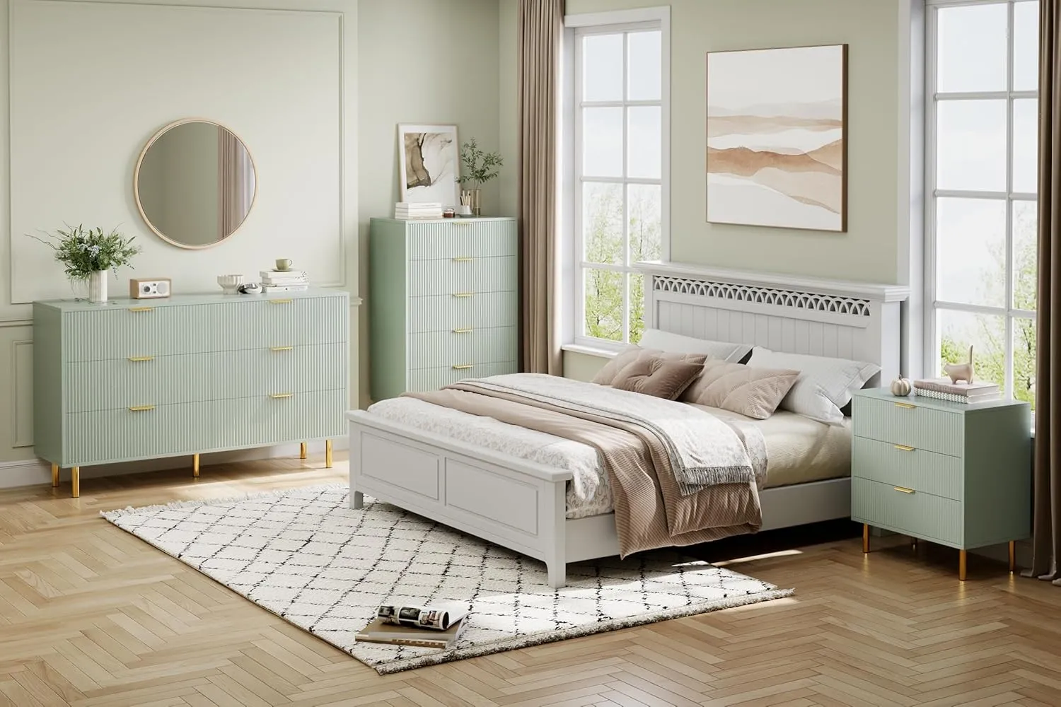 Green Dresser, Modern 6 Drawer Dresser for Bedroom with Gold Handle and Large Drawer, Wood Double Chest of Drawers and Storage Organizer for Living Room, Hallway, Entryway