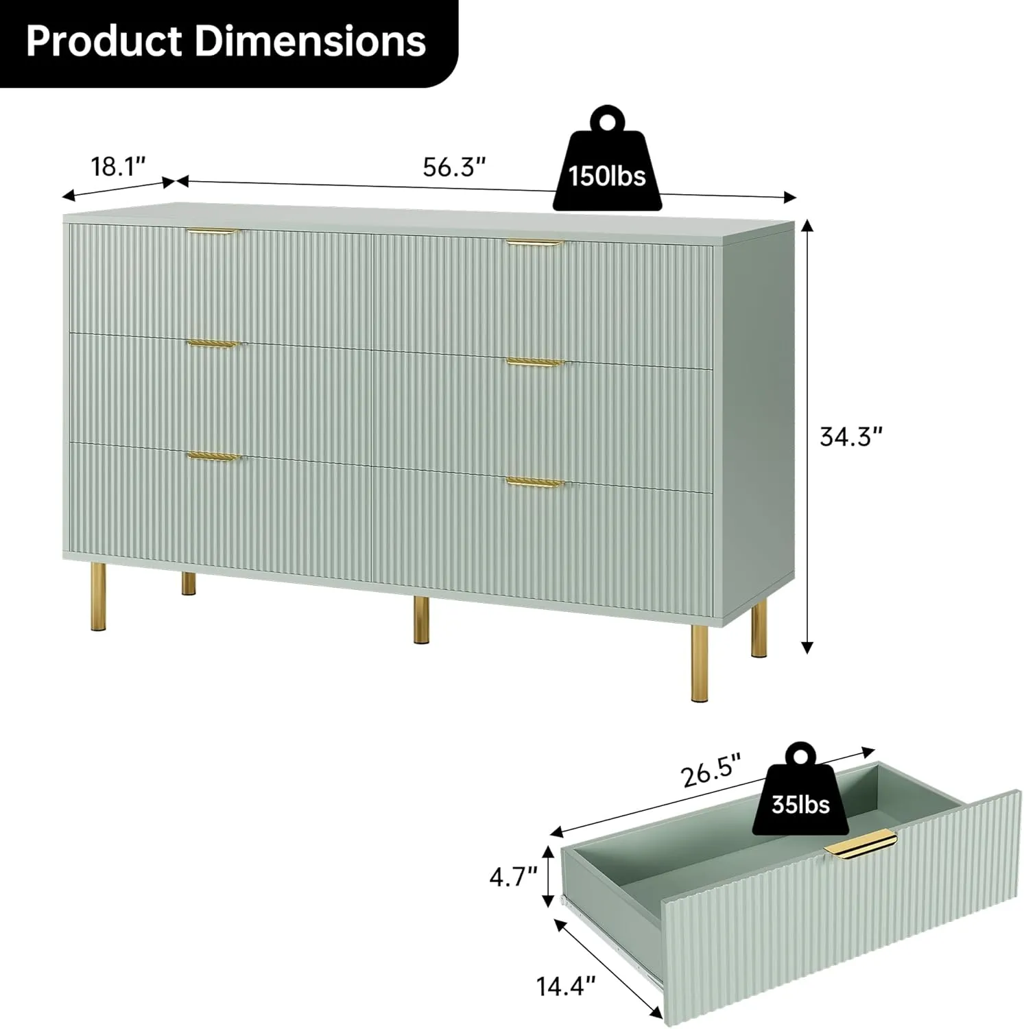 Green Dresser, Modern 6 Drawer Dresser for Bedroom with Gold Handle and Large Drawer, Wood Double Chest of Drawers and Storage Organizer for Living Room, Hallway, Entryway