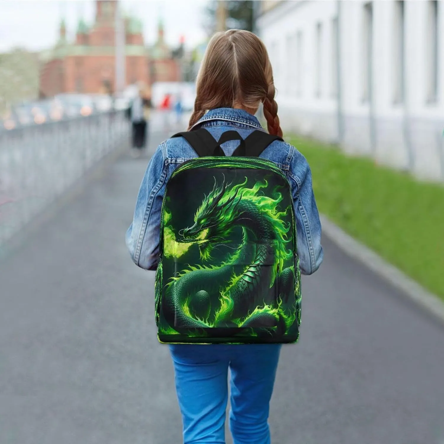Green Fire Dragon Backpack Travel Bag for Kids, Lightweight Casual Daypack School Bag for Students Teens Girls Boys