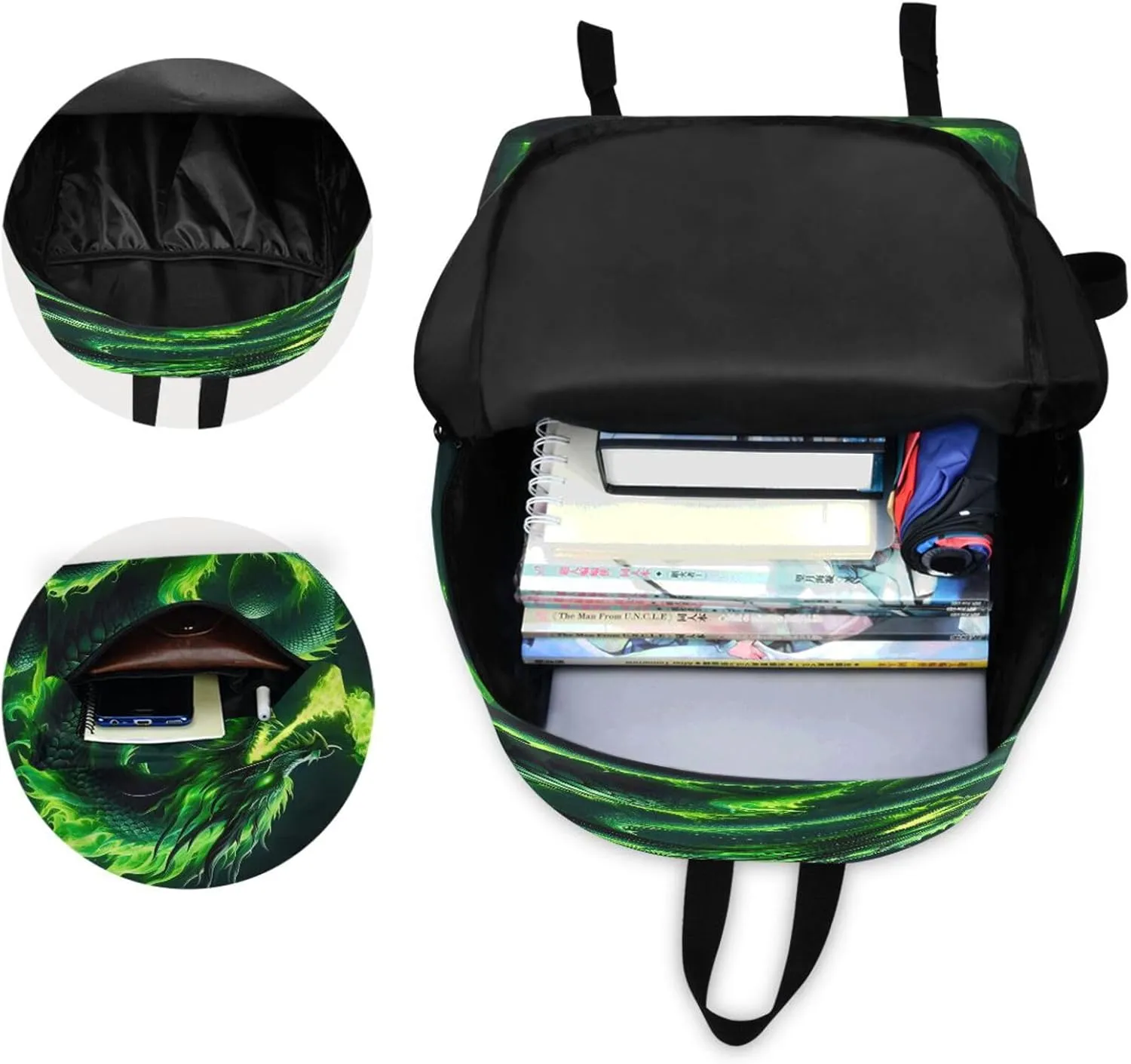 Green Fire Dragon Backpack Travel Bag for Kids, Lightweight Casual Daypack School Bag for Students Teens Girls Boys