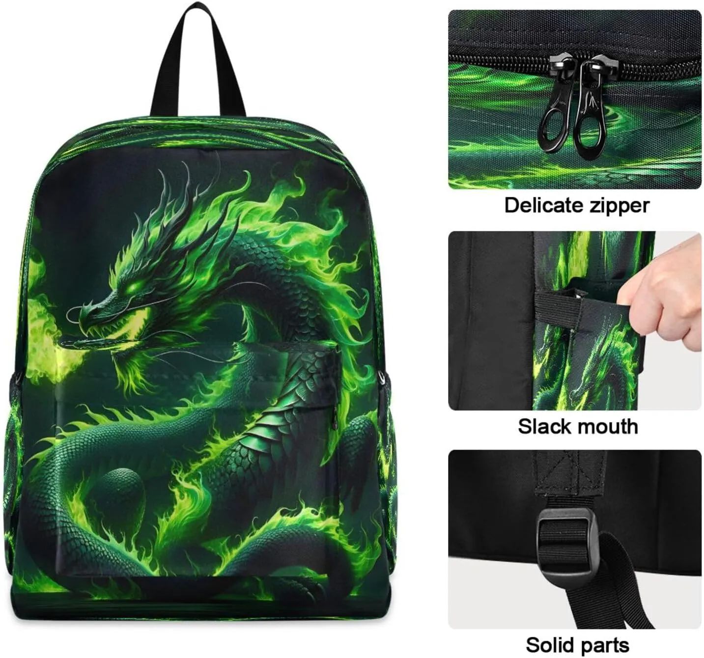 Green Fire Dragon Backpack Travel Bag for Kids, Lightweight Casual Daypack School Bag for Students Teens Girls Boys