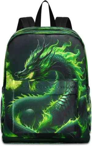 Green Fire Dragon Backpack Travel Bag for Kids, Lightweight Casual Daypack School Bag for Students Teens Girls Boys