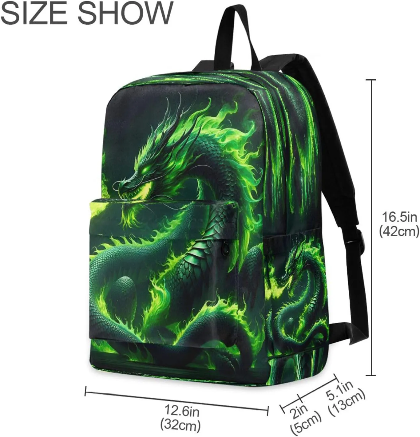 Green Fire Dragon Backpack Travel Bag for Kids, Lightweight Casual Daypack School Bag for Students Teens Girls Boys