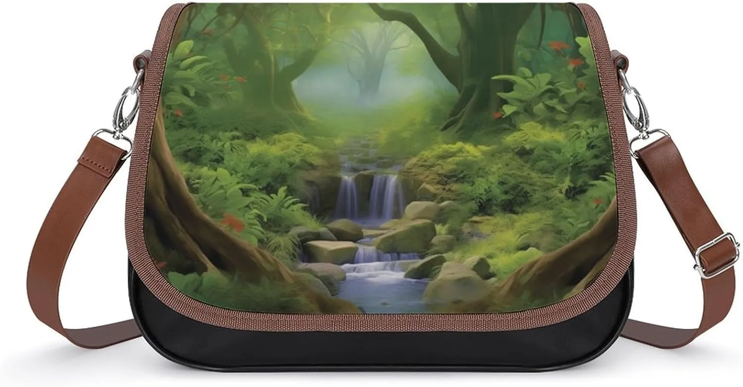 Green Misty Forest Nature Landscape Tree Crossbody Shoulder Messenger Women Bag Pu Leather Office Work Business for Handbag Crossbody Bag